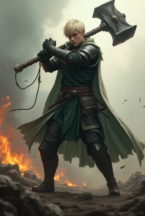 Young man about 32 years old , high, Caucasian,  with short platinum blonde hair wearing dark green and black and white paladin armor,  using a war hammer with both hands ,  on a war field ,  with bodies of the dead on the ground and flames in the distance...