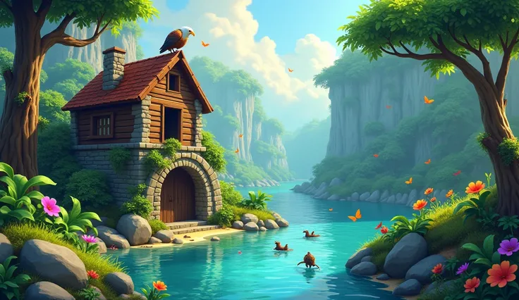 Ek khubsurat jungle hai jiske pass ek khubsurat Nadi hai aur vahan per ek jaadui chakki padi hui hai aur uske pass  Ali khada hai

3D cartoon style