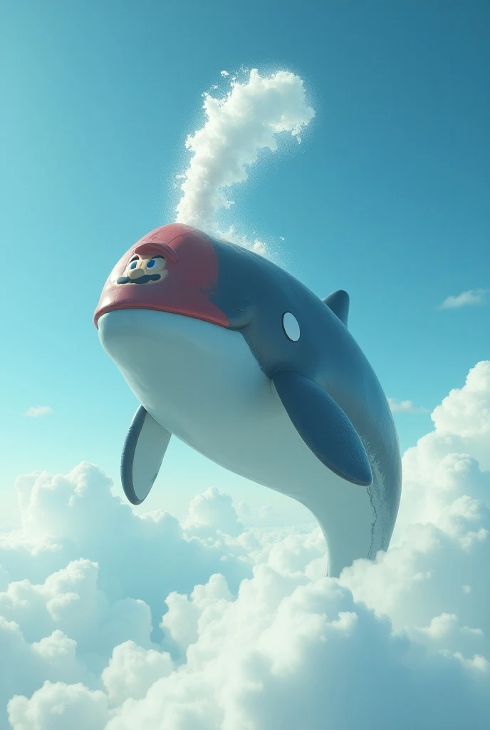 The whale with Marios face is squirting from its forehead　 is flying through the air