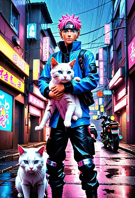  Naruto in neon blue and pink hair in a blue leather outfit .  He cradles the cat Momo in his arms ,  protection from the cold night air .  He stands defiantly Illey full of ser and motorcycles ,  that rain down on the city  .  Cast sharp shadows , die Neo...