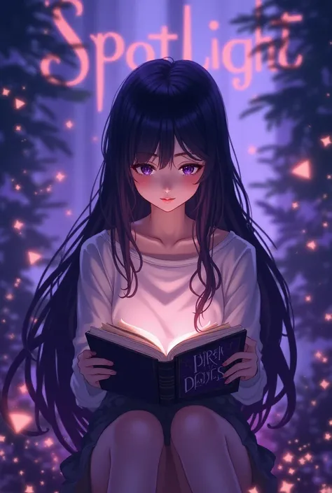  a girl with long straight black hair who reads a book  (The name of the book is SPOTLIGHT ) And behind a background with the words spotlight and colors tending to purple
anime style 