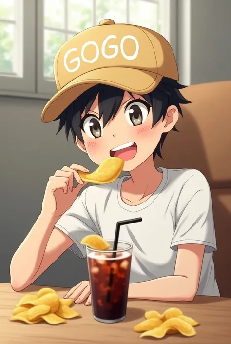 Anime are cute  、Potato chips and cola  、1 person、  wearing a beige cap、 The hat has the letters GOGO in capital letters 、smile、  shortcuts、、male