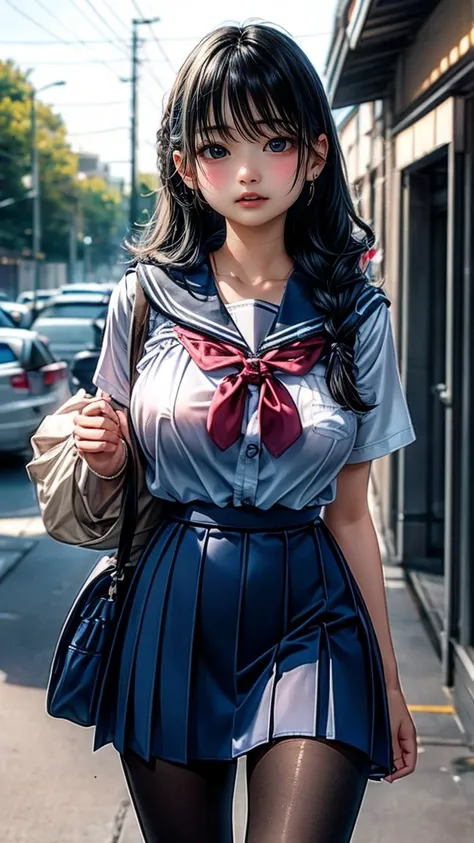 (( 1 girl)), masterpiece, Best Quality, 8k,  young and beautiful girl , baby face、The clothes are big 、Morphologically correct、 (Round face),  Cute face, Thighs, smile、 Compensate, 10 generations, Detailed face,  background blur、(((Breast bag)))、((((((High...