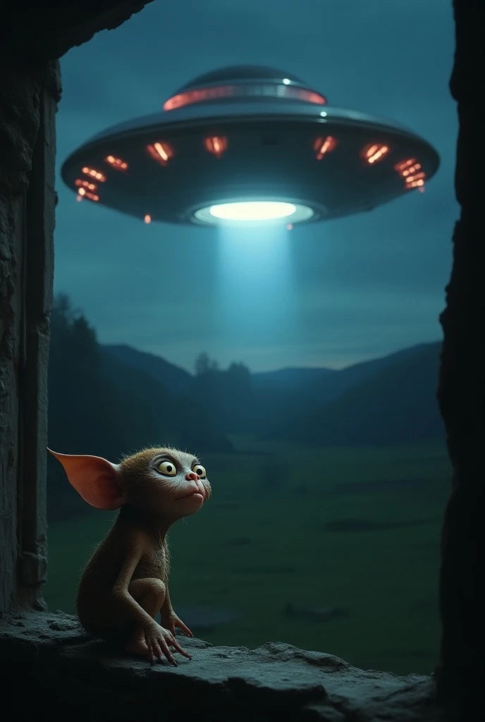 A terrified goblin sees a flying saucer landing at night in the window