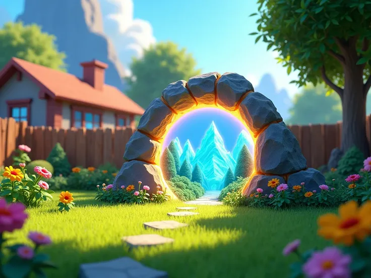  In this animated scene from Disney Pixar ,  in a sunny backyard with lush green grass and colorful flowers, a glowing portal that was on the lawn , Inside it showed Crystal Forests , Floating Mountains,  strange creatures and colors that didnt exist on Ea...