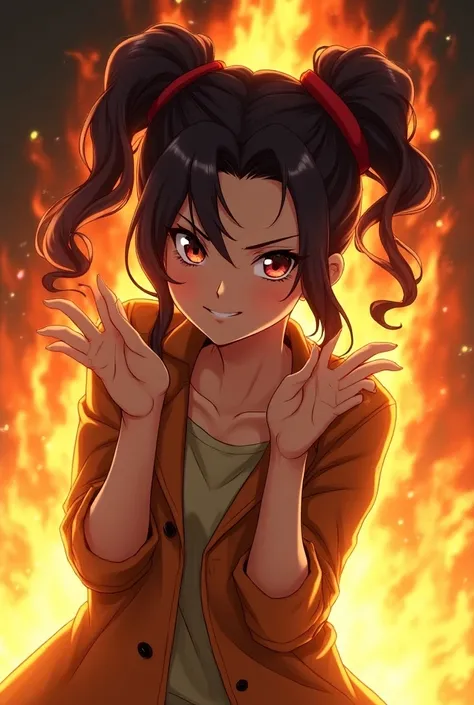 Anime teen girl with pigtail smirking while hands are infront with fire behind