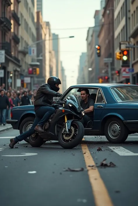 accident of a sports bike with a car at street 