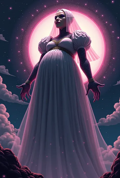 (((pixel art))) of beautiful bbw pregnant chubby giant evil alien queen with lower body of thick round insectoid abdomen floating in space, long puffy sleeves, billowing gown, transparent veil, lipstick and makeup, giant round divine wheel of halo floating...