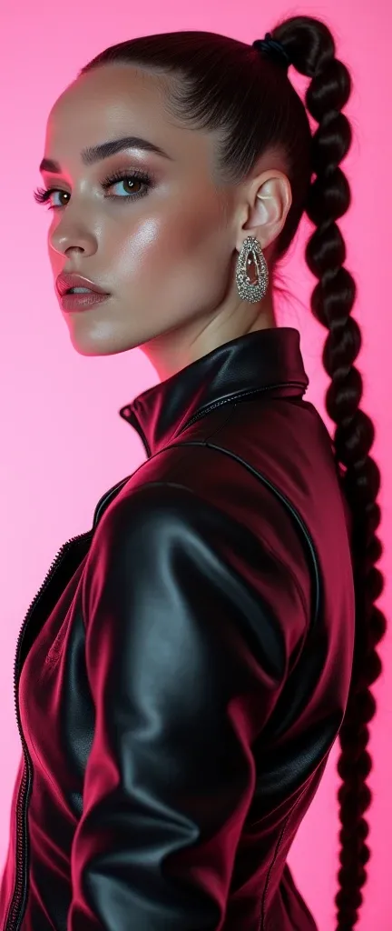 A woman, fractal punk, Her braids, portrait shot,  beautiful female , pink, light skin, she is wearing leather clothes, the image, 