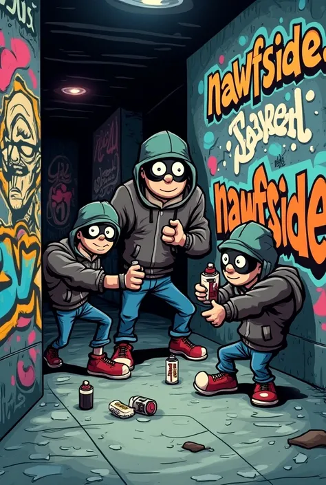 Drawing cartoon robbers stealing spray cans in subway line graffiti behind writing nawfside 