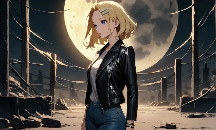   anime girl  (  shoulder-length blonde hair,  black hair clips , free forehead ,  blue eyes, black leather jacket, Staple bracelet, Jeans)  sticks out cheeky tongue .  In the background a moon .