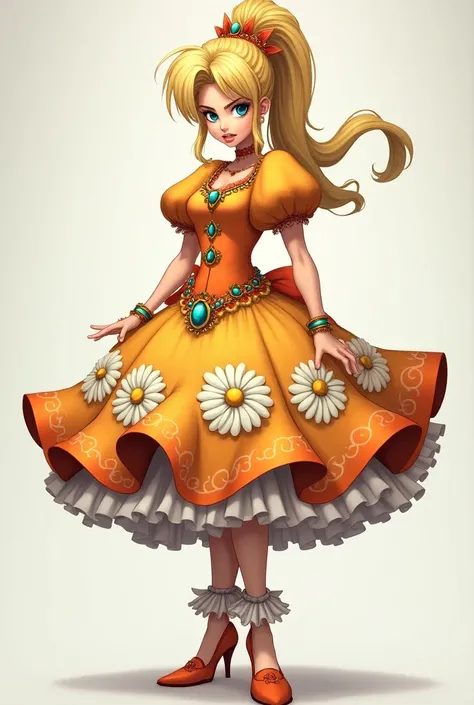 full shot, (samus aran) dressed in (puffy yellow and orange daisydress), (ponytail, hair tie), (puffy short sleeves, jewelry, dress, princess crown, flower brooch), masterpiece, best quality, 1girl, (perfect face, beautiful face, symmetric face)full body, ...