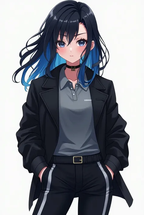 imagen 2d ,  women with black hair with blue tips, black jacket,  black pants with white stripes , gray military polo shirt , cuerpo completo,  cartoon anime style 