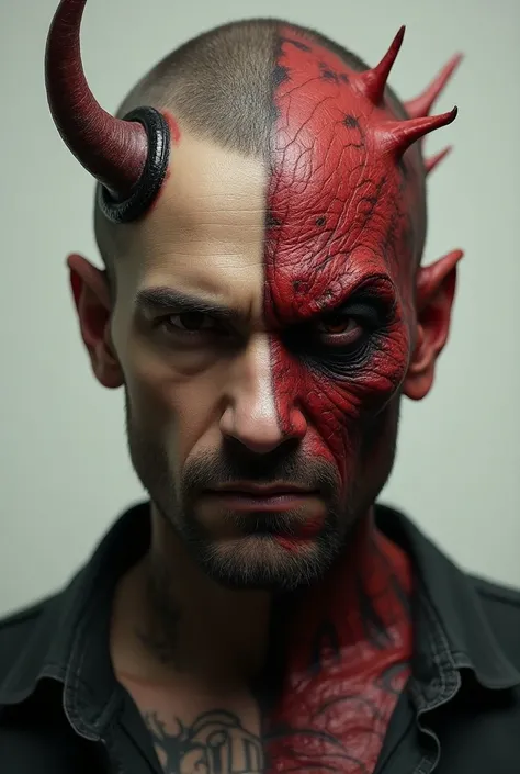 A face of a serious man with a tattoo on his face , Half demonic symbiote of the color red and half human with only one horn on the left 