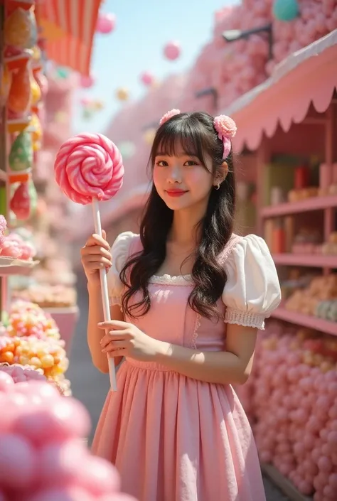 (realistic photograph), (ultra high quality), (high resolution), (8k), (a young and beautiful Japanese woman:1.5) standing in a (vibrant marketplace made of candy:1.2), with (colorful sweets and treats:1.4) all around her. She wears a (whimsical pastel-col...