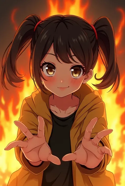 Anime teen girl with pigtail smirking while hands are infront with fire behind looking at the left