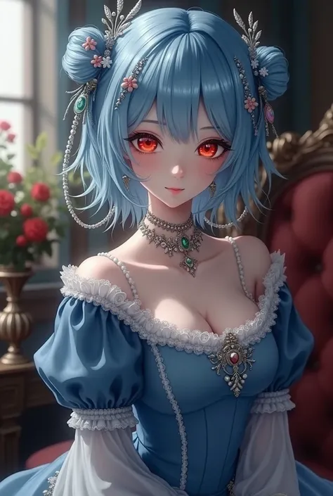 A beautiful blue-white haired girl with red eyes ,  dressed in Victorian era in blue with white details with a patch on the left eye in the background a tea room from the ancient noble era anime style 