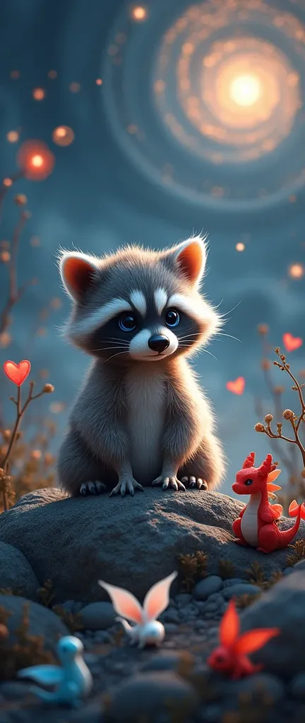 A fantasy scene with a cute extra fluffy baby raccoon. The raccoon is sitting on a rock. Theres a heart among black orchids. The background contains three small dragons, each with a single color: white, blue, and red. The background also contains a starry ...