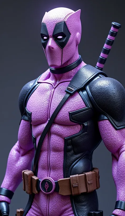 A Deadpool super hero whose suit is made of a purple diamond and he looks very beautiful. His whole suit is shining.