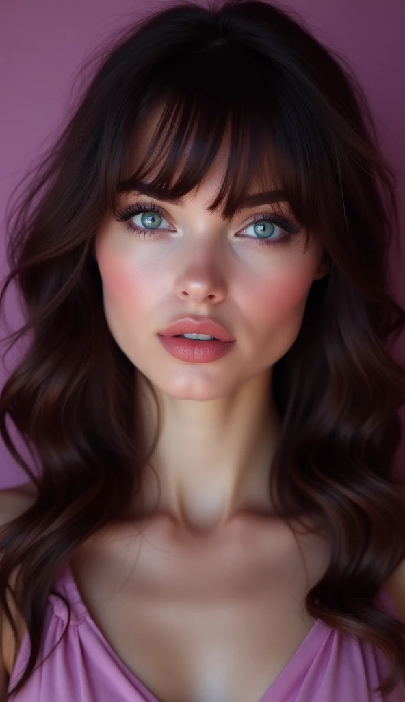 {8k image}, 1beautiful mature woman, 25 years old, pointed nose, fleshy lips, triangular face, big hair with bangs (wine), blue eyes, {looking directly at the viewer}, {facing forward}, {perfect anatomy}, {image focused only on the face}, {face portrait}, ...