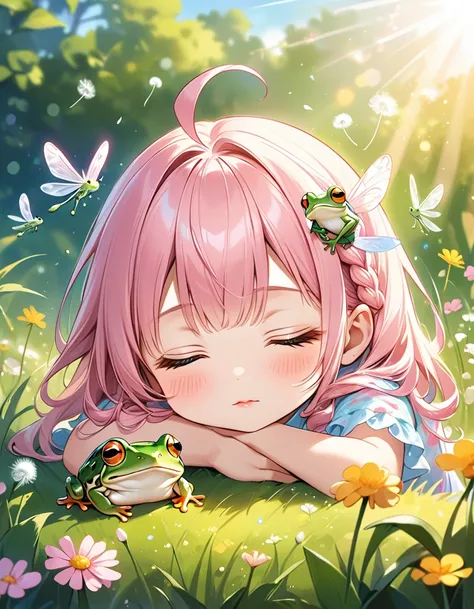 ((Eat a slice of bread:1.5、Sleeping in the grass:1.5、Lie face-down and place your hands under your chin:1.5))、((One Girl:1.5)、((Chibi Girl:1.5)))、Kindergarteners:1.5、Best Quality、 High Resolution 、 detailed background、 beautiful face in every detail 、 anat...