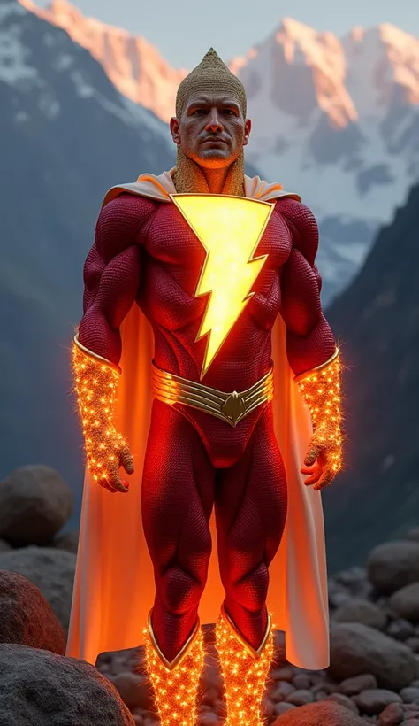 a DC superhero , shazam created from peanuts, neon lights,  body made of peanuts ,  mountain scenery 
