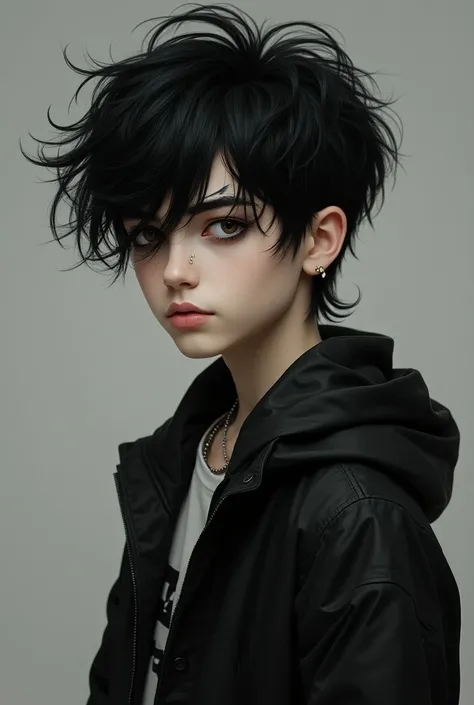 Make a teenage boy with very large wavy black hair with eyebrow piercing 