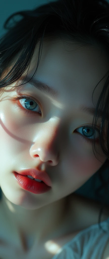 (32K, top-quality, ​masterpiece,  ultra A high resolution , Realistic:1.5), Age 19, cute sexy korean woman , (( close up face only :1.3, Show face only :1.3, Cinema Lighting:1.3)),  highly detailed eye and face textures:1.3, tilt one&#39;s head,  white ski...