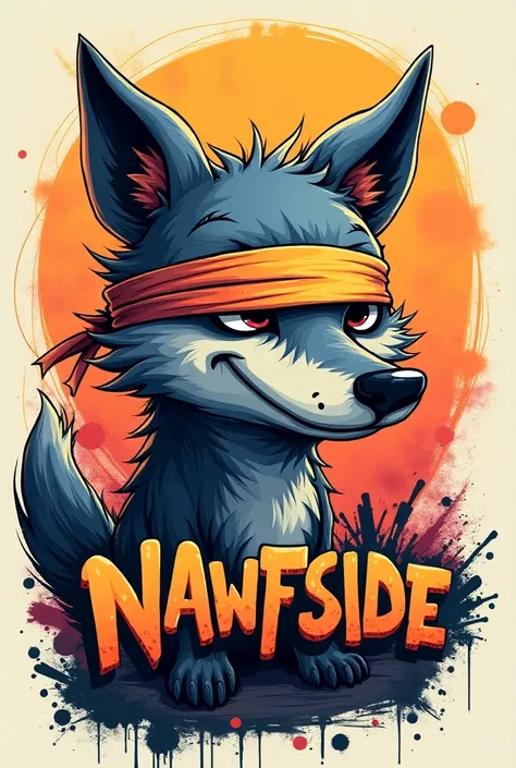 Draw a wolf cartoon character 3, blindfold your ears, cover your mouth, graffiti lines behind, write nawfside 