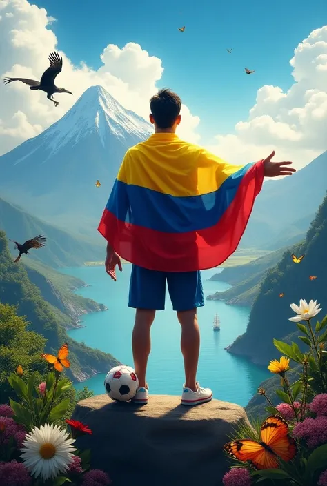  The image you have shared is a visually striking design with a strong sense of national identity.  The main focus is a young man with his back ,  covered with an Ecuadorian flag while in an elevated position ,  looking towards a majestic natural landscape...