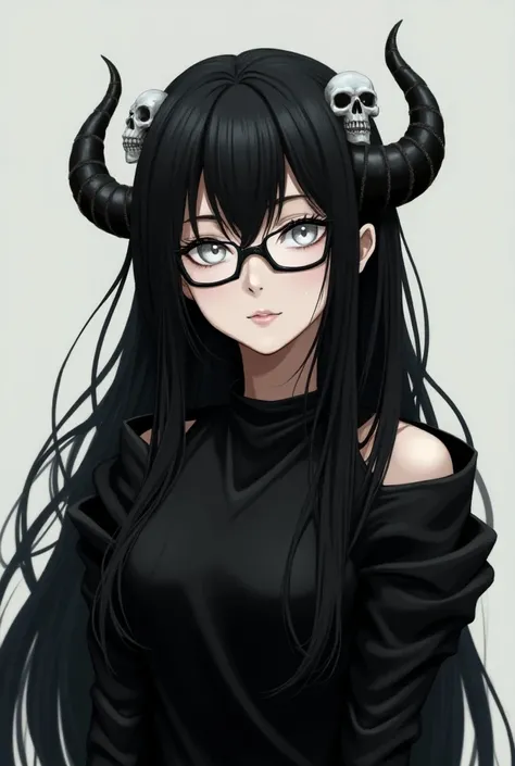 Womens cartoon , black hair,  black horns with white tips,  skull tie in the hair , white eyes,  black dress with wide sleeves , white glasses