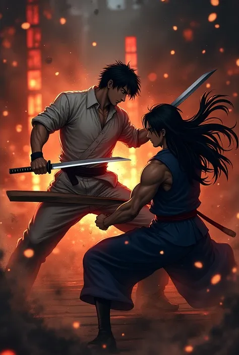  fight between two people with the following characteristics a person :  a man who is around 1 .68 tall,  has medium length black hair ,  he is a murderer so he wears light clothes and his weapon will be two sharp daggers one and each hand, He has a muscul...