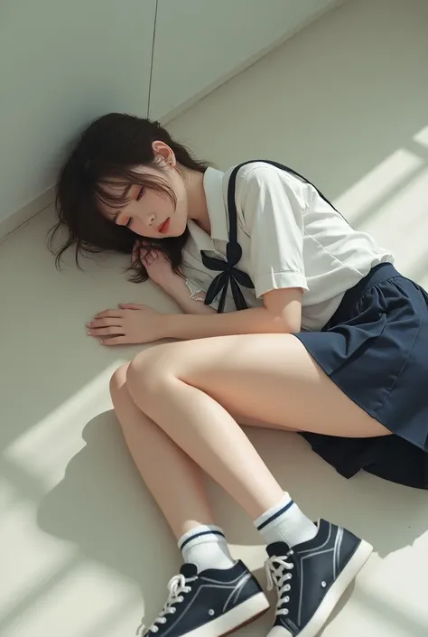 A sexy Korean woman sleeping floor in sneakers, a school uniform 