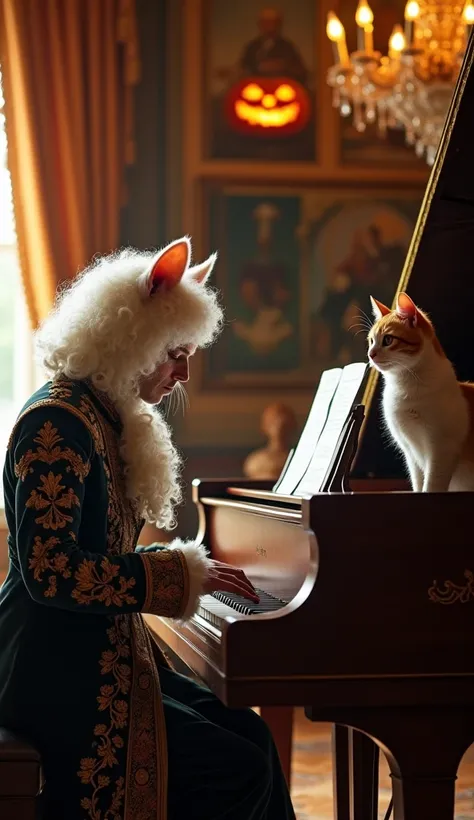 （masterpiece、high quality、High image quality、4K、8k、 Details）、 musician with cat ears on a white wig Mozart 、Playing the grand piano、 cat dancing on a grand piano 、After the piano, 、 aristocrat girls watching Mozart with a fan、 inside a medieval European co...