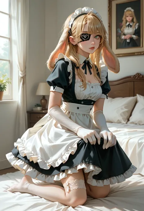 (high resolution,portrait,)(nsfw)（bedroom）(nsfw)(Full body view) 1girl((female ) (Blonde、 Had，Lop Ear)（Maid uniform,Maid Prim 、 Garter Belt、Eye patch、 long gloves）()()