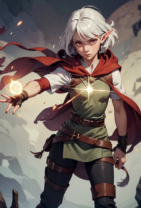  For an adventurous female wizard who combines simplicity with humor and already has established characteristics such as red eyes, short white hair and DARK BROWN skin,  on her clothes could reflect both its practicality and its light spirit .  Imagine a s...