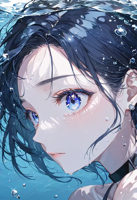 One woman, soaked in water , face close-up ,Big Eyes,Big tears,sad, Look Away , hair spreads outward , hair soaked in water , background is clear water , lots of pebbles under water,Like a river , masterpiece exposed to light ,Best Quality,Exquisite,8k, absurd, super detailed illustration ,(Watch the audience)