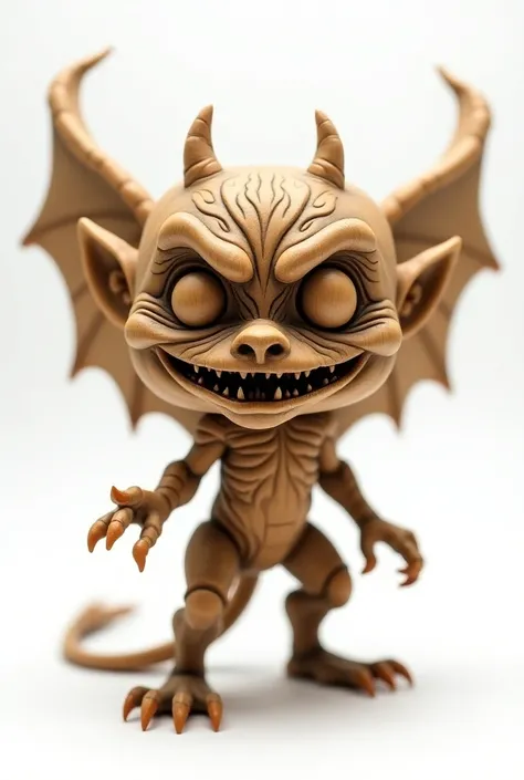 Gargoyle design, Funko pop style, made of varnished pine wood ,white background 