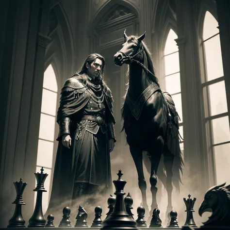 Majestic chess king embracing two towering rooks, dynamic composition, intricate details, dramatic lighting, cinematic atmosphere, ornate chess pieces, high fantasy, oil painting, muted color palette, dramatic chiaroscuro, volumetric rendering, epic scale,...