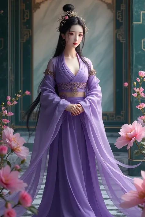 Dark green white marble and gold,korea goddess ,beauty face,sweet face,in purple korea style cloth,dark hair, stay in flowers mint and pink purple big flower,precious, exquisite pattern, palace background,luxury glass effect