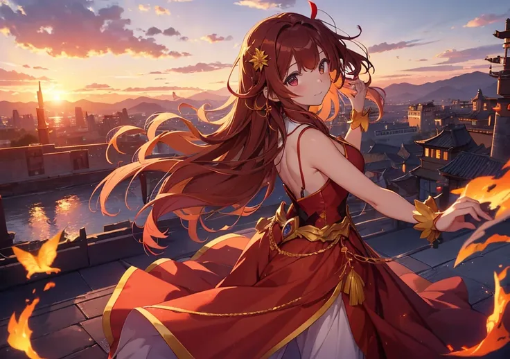 A girl with the element of fire wears a gorgeous red and gold Disney princess-style dress, with the distant mountains visible from Liyue Port at her back, and fluffy, burning flame effects dance around her. The light of the setting sun reflects off her dre...