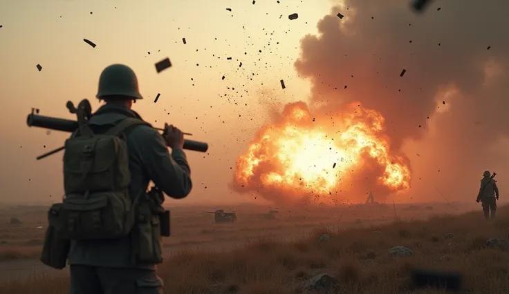 A dramatic view of artillery shells raining down on a battlefield from high ground. The camera is positioned at ground level, shaking as if caught in the aftermath of an explosion, with hyper-realistic debris flying toward the lens.