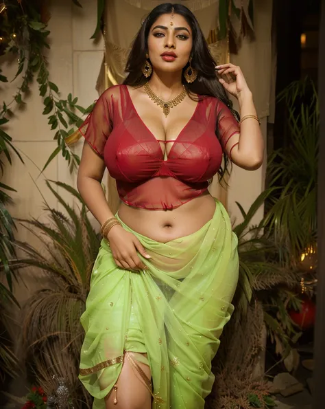 Indian sexy WOMEN WEARING saree , ancient sex goddess , perfect figure , big boobies , showing her round belly button , sexy deep navel , curvy waist , thick legs , slutty makeup , dark eyeliner , HOT red lips , long hairs , earrings , shinny ornaments , n...