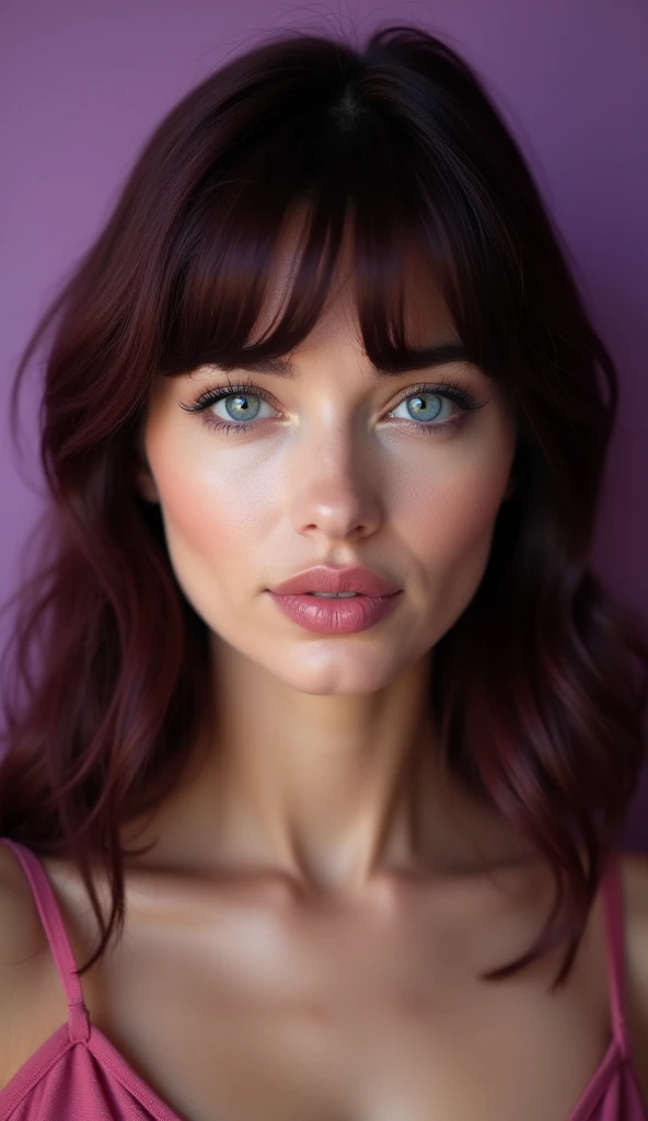 full body shot, {8k image}, 1beautiful mature woman, 25 years old, pointed nose, fleshy lips, triangular face, big hair with bangs (wine), blue eyes, {looking directly at the viewer}, {facing forward}, {perfect anatomy}, {image focused only on the face}, {...