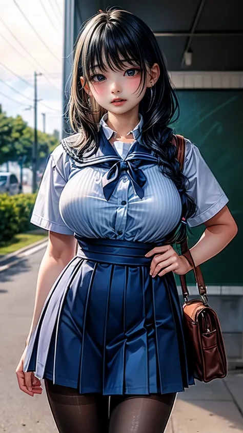 (( 1 girl)), masterpiece, Best Quality, 8k,  young and beautiful girl , baby face、The clothes are big 、Morphologically correct、 (Round face),  Cute face, Thighs, smile、 Compensate, 10 generations, Detailed face,  background blur、(((Breast bag)))、((((((High...