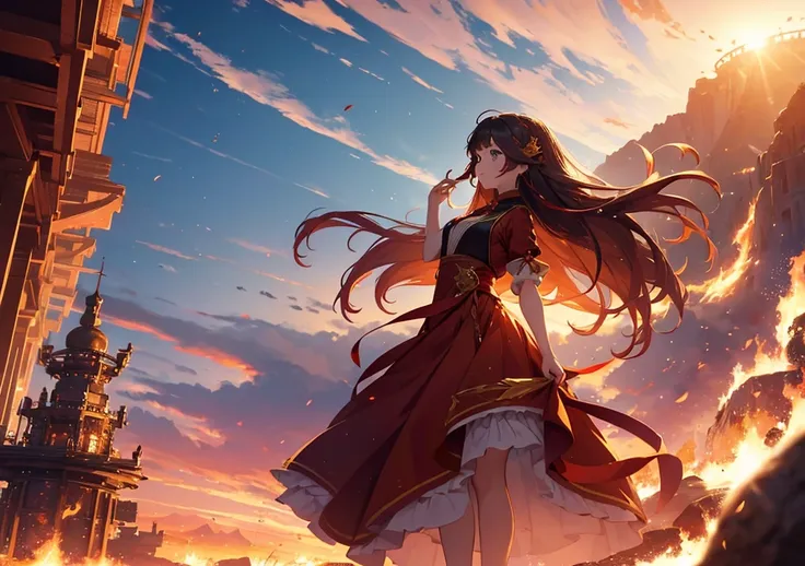 A girl with the element of fire wears a gorgeous red and gold Disney princess-style dress, with the distant mountains visible from Liyue Port at her back, and fluffy, burning flame effects dance around her. The light of the setting sun reflects off her dre...