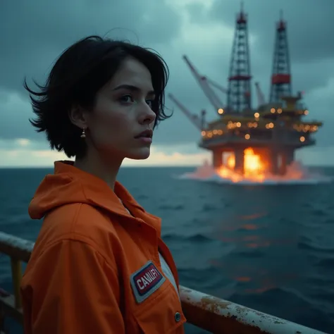 A beautiful woman with short hair,  working on an oil rig ,  she is in uniform and the color of her uniform is orange ,  she is on the side and serious because she saw an accident ,  an explosion caused by a giant sea monster on the platform she was observ...