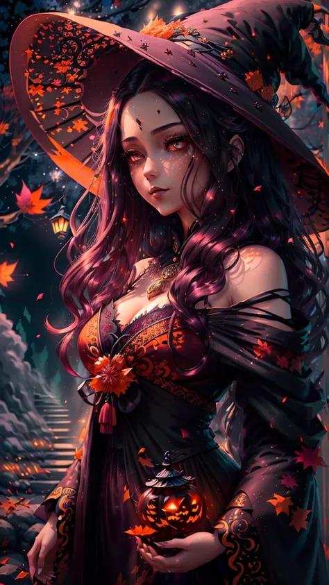 ((Ethereal young woman:1.3) with ((flowing dark hair with gradient burgundy tips:1.2), (delicate bamboo ornament in mouth:1.1), (gentle determined eyes:1.2)) wearing ((intricate Halloween witch costume:1.2) with (flowing black and orange dress:1.1), (delic...