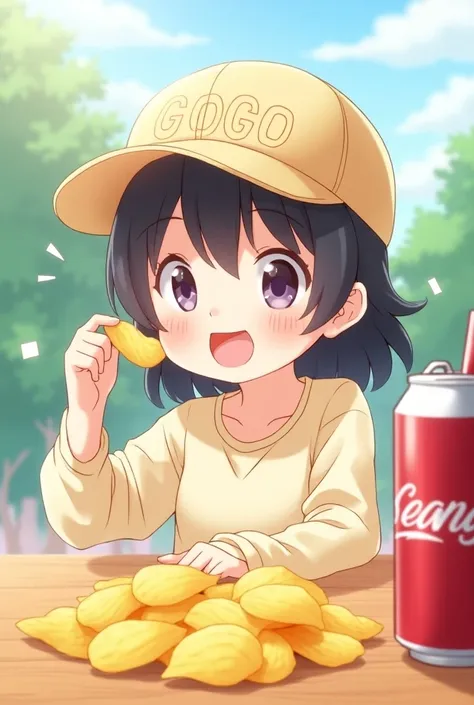 Anime are cute  、    potato chips and coke

capita、、 、  wearing a beige cap、The capital letters GOGO are written on the hat
smiling, 