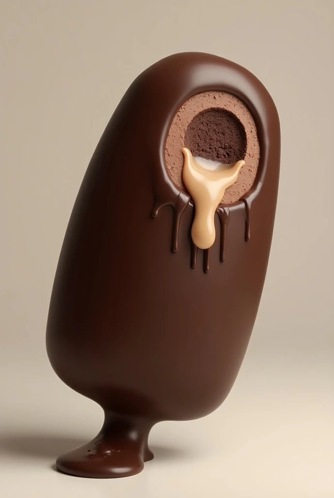  Long ice cream shell ,  covered in dark chocolate .  The filling is melted brigadeiro, And not ice cream .  realistic photo .